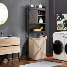 NNECW Freestanding Over-The-Toilet Storage Cabinet with Sliding Barn Door-Brown