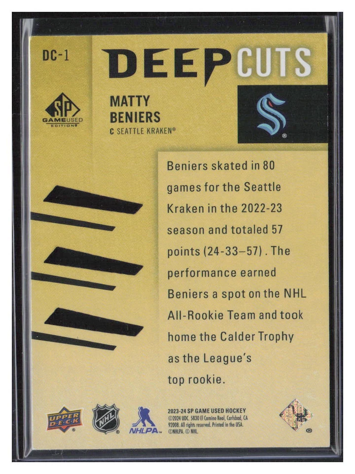 Matty Beniers 2023-24 SP Game Used Deep Cuts /250 #DC-1 Seattle Kraken - Image 2 of 2