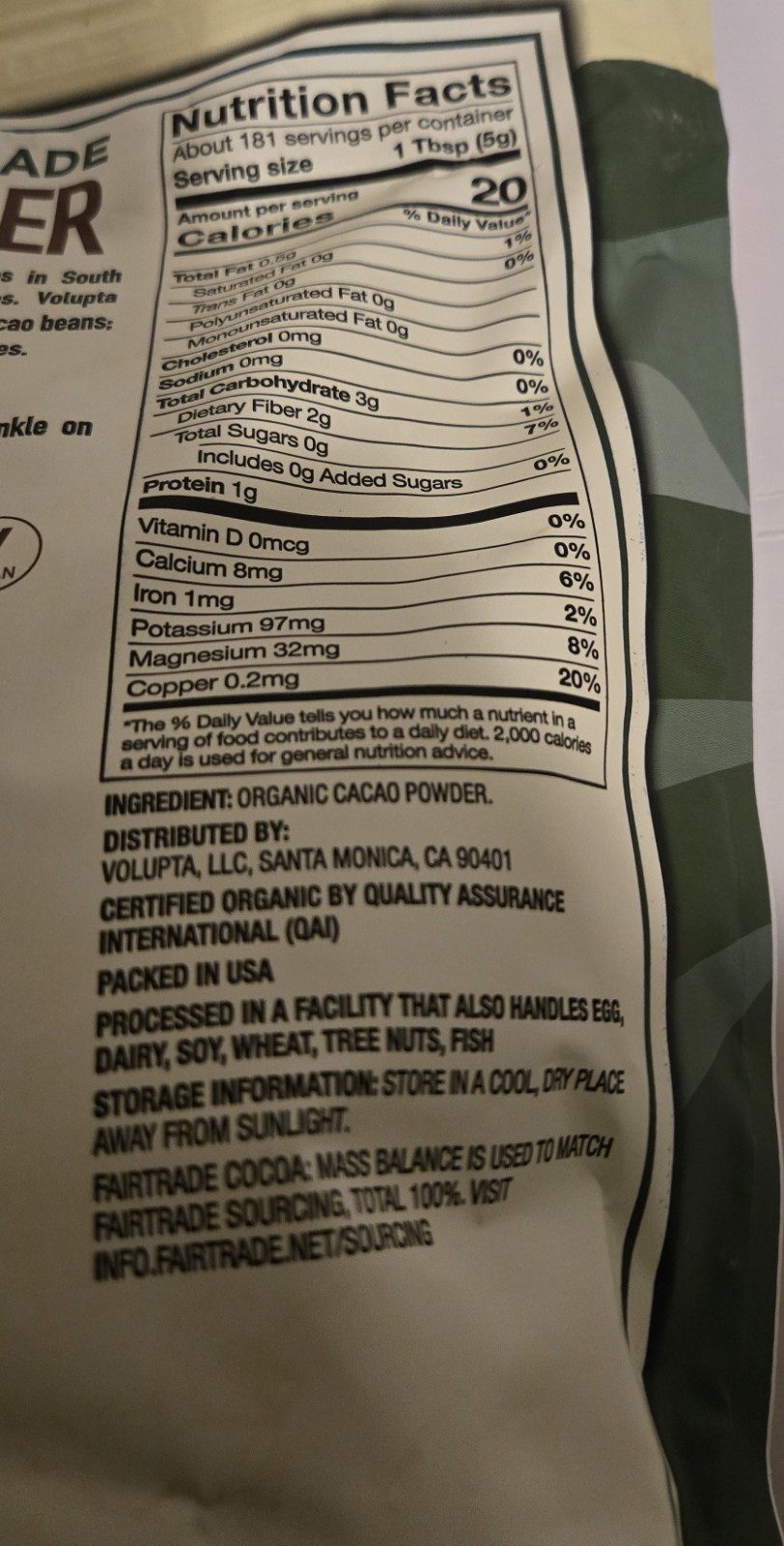 Volupta Organic & Fair Trade Unsweetened Super Food Cacao Powder, 32 Oz (Pack 1)