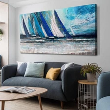 Arjun Blue Abstract Wall Art Canvas Teal Ocean Sailboat Picture Modern Turquo...