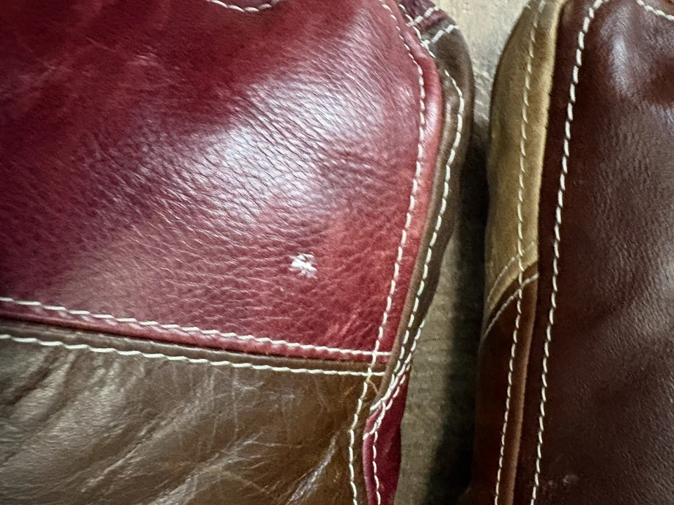 2x Vtg 1980s Leather Patchwork Throw Pillows Side Zip 17"X17" w Inserts - Image 3 of 4