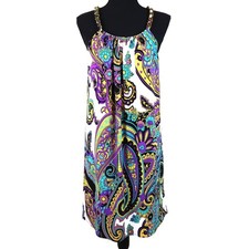 Vintage Y2K Kelly & Diane Paisley Dress Flowy Colorful Gold Chain Sleeve Mini 10