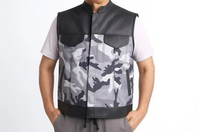 LONDON KNIGHTHOOD Mens Son Of Anarchy Grey Codura leather Camouflage Vest Camo Biker Waistcoat