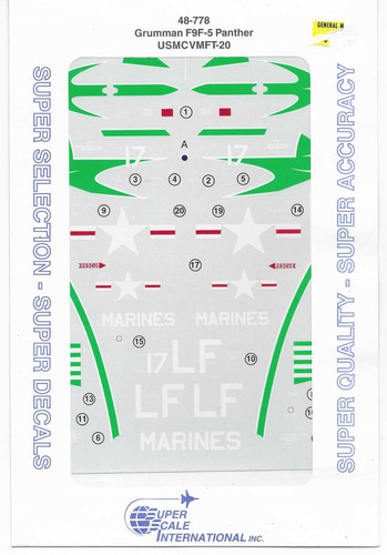 Super Scale USMC Grumman F9F-5 Panther, VMFT-20  Decals in 1/48 778 'SEALED'