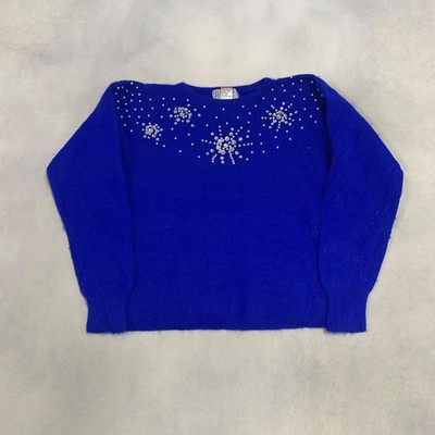 Vintage Knitted Jumper Embroidered Beads Patterned Knit Sweater, 70% Angora