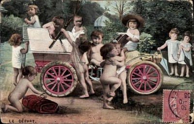 Ak Kinder in einem Automobil, Abfahrt, Fotomontage, Kitsch, Le Départ - 3823811