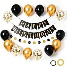 Black Gold Birthday Decorations for Men with Happy Birthday Banner Circle Dot...