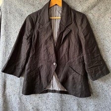 Black Linen Blend Blazer Single Button Striped Lining Angled Pockets Flaw
