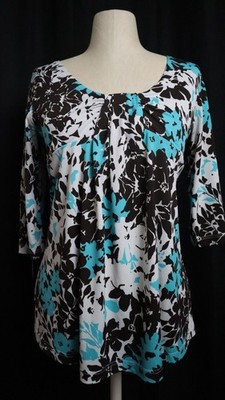 Three Seasons Maternity Small Brown Teal White Floral 3/4 Sleeve Y2K Style Top