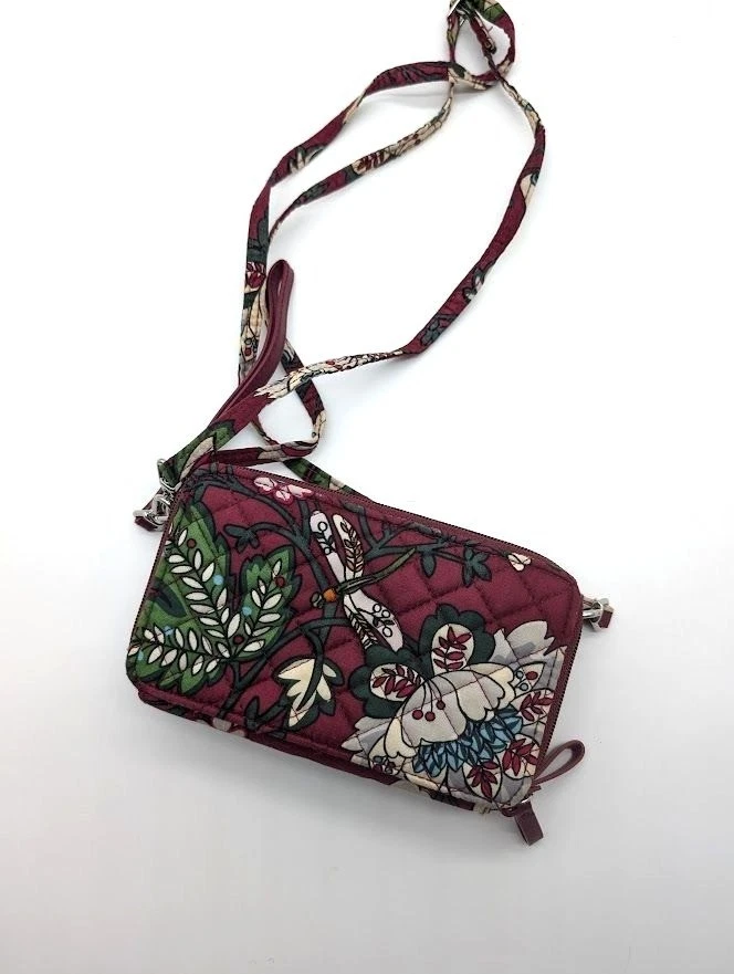 Bolso Bandolera Vera Bradley 3 en 1 RFID Burdeos Flores Libélula Cartera Muñequera Foto 4 de 4