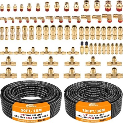 CheeMuii 76 PCS Brass DOT Air Line Fittings with 100FT 1/4'' and 79 PCS, Gold 