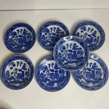 Vintage Blue and White Childs Plates Miniature 3 3/4"  Made in Japan Set of 7