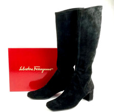 Salvatore Ferragamo Vintage Black Suede Knee-High Boots 9 AA Narrow rare box