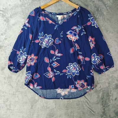 St Johns Bay Womens L Navy Floral Lightweight 3/4 Sleeve Top Boho Summer Resort