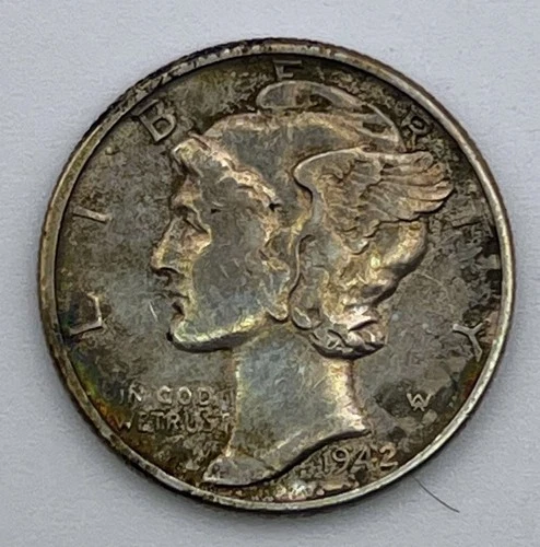 1942 Mercury Dime 90% Silver Philadelphia Mint XF AU Toned Toning