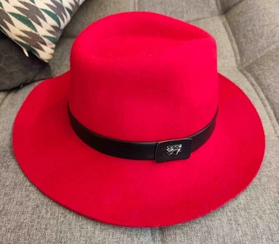 Chapeau feutre rouge 100% laine taille 56 cm style fedora à bord large - Photo 1/4