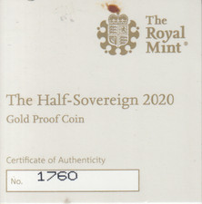 The Half Sovereign 2020 Gold Proof Coin Royal Mint COA ONLY NO. 1760