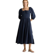 New Quince Indigo Blue Organic Cotton Gauze Smocked Square Neck Midi Dress Large