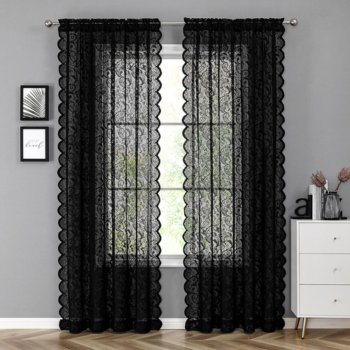 Black Sheer Lace Curtains 84 Inch Vintage Floral Sheer Gothic Curtain Panels for