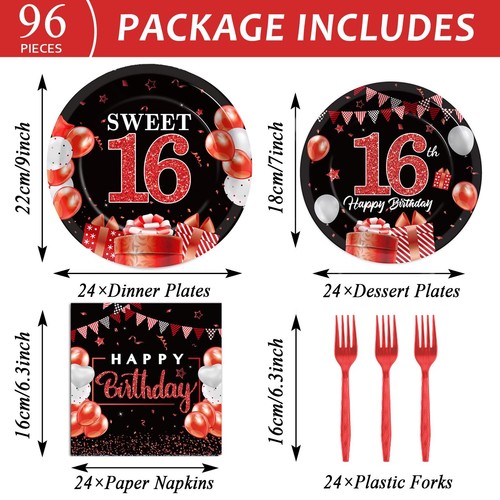 96Pcs 16th Birthday Decorations for Girls Boys Red Silver Sweet 16 Birthday P... - 第 2/7 張圖片