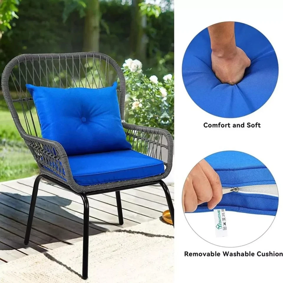 Patio Chair & Table Set Wicker Rattan 3Pcs Outdoor Furniture Bistro Set, Blue - Image 3 of 4