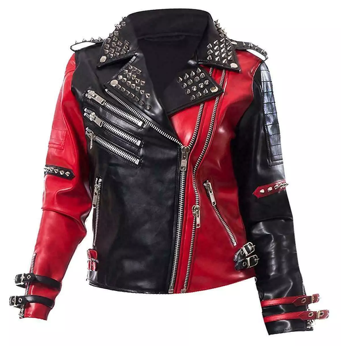 Harley Quinn Heartless Asylum Biker Black Red Real Leather Jacket Halloween