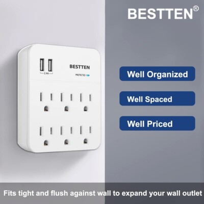 5 Units BESTTEN 6-Outlet Wall Mount Surge Protector 2 USB Ports