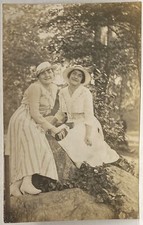 Real Photo Postcard RPPC Two Fashionable Young Women Sit Outdoors on Large Rock