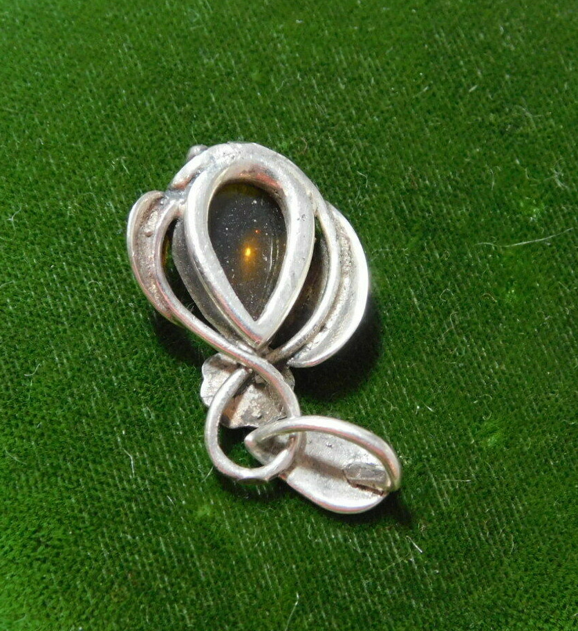 Pendentif En Argent Sterling 925 Avec Cabochon D'ambre - Bijou Occasion - Pierre Naturelle