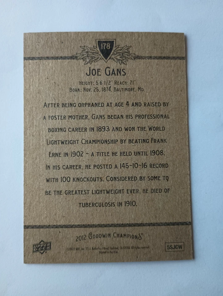 2012 UpperDeck Goodwin Champions #178 Joe Gans - Image 2 of 2