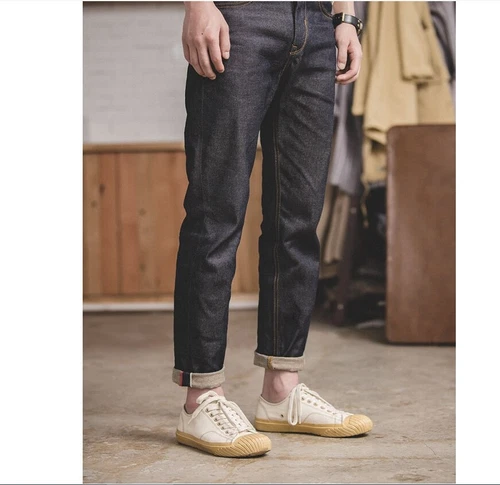 Hot Men's Vintage Straight Dark Selvedge Jeans Slim Fit Jeans Casual Denim Pants - Picture 10 of 19
