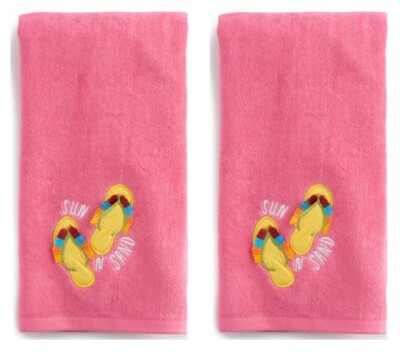 Summer Sun N' Sand Beach Flip Flops Pink Embroidered Bath Hand