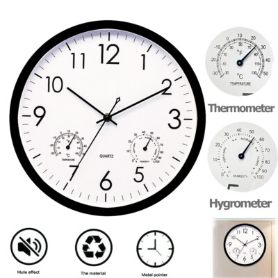 Silent Wall Clock  12'' Inch 30cm with Thermometer and Hygrometer Indoor Outdoor