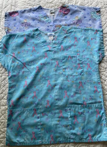 Scrub Tops Womans Size M “Simply Basic” Set Of 2 Fairies/Pink Ribbons - Picture 2 of 6