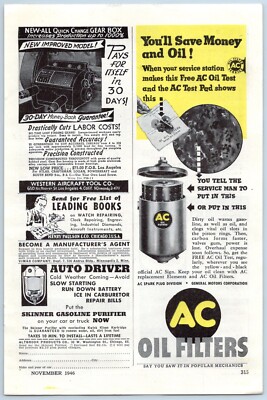 1946 AC Oil Filters Vintage Ad Automobile Car Parts Save Money & Oil Service