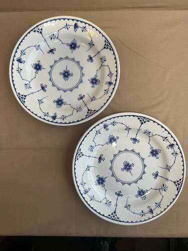 FURNIVALS Denmark Blue White 8.25” Set of 2 Salad Plates, Ribbed Rim GUC
