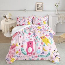 Cartoon Bear Kids Comforter Set, Pink Floral Bedding Set with Twin Size for G...