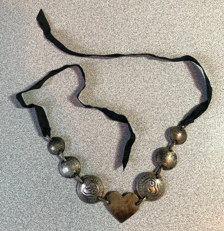 Heart Necklace made from 1940s Australia Silver coins trench art Shilling 6p