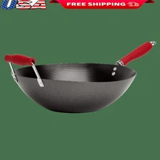 Non-Stick Carbon Steel Stir Fry Pan Wok W/ Silicone Handle Easy Clean 14 Inch US