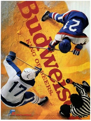 PRINT AD, 1988 Budweiser King of Beers Team USA Ice Hockey Sponsor Puck Face-off