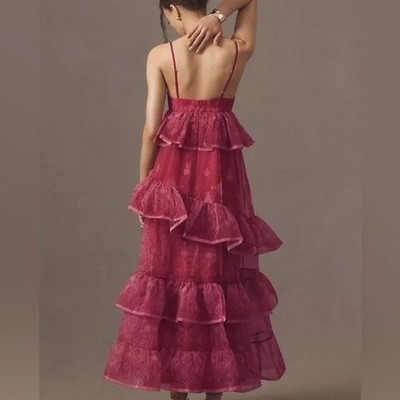 Let Me Be Anthropologie Tiered Sheer Sleeveless Ruffle Dress Pink XS | eBay