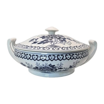 Antique Lidded Blue & White soup tureen With Handles Floral, Bird & Butterfly 