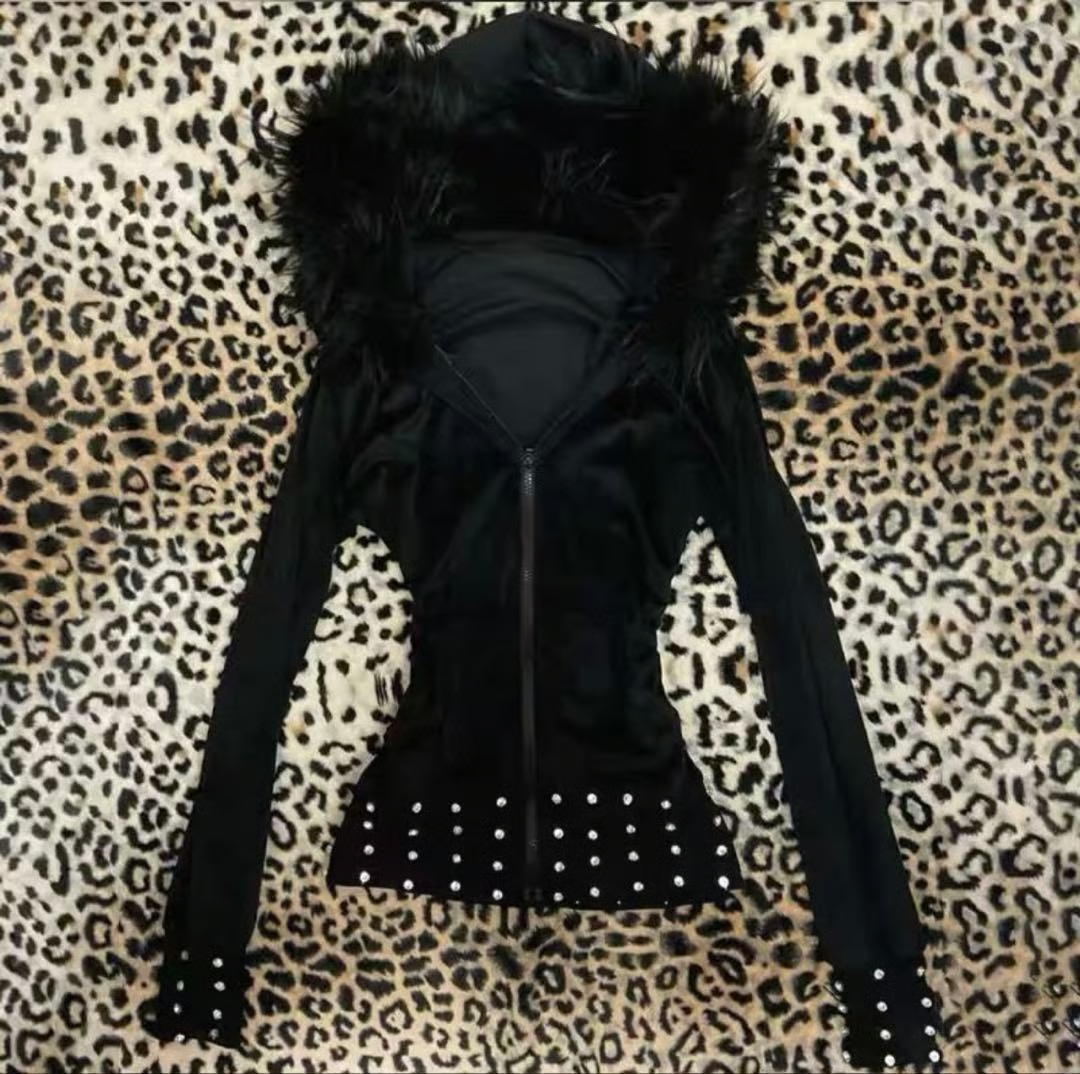 ジャケット・アウター Vintage y2k archive real fur zip hoodie Rare Black Fur Hooded Y2K Zip Up Hoodie Streetwear Archive