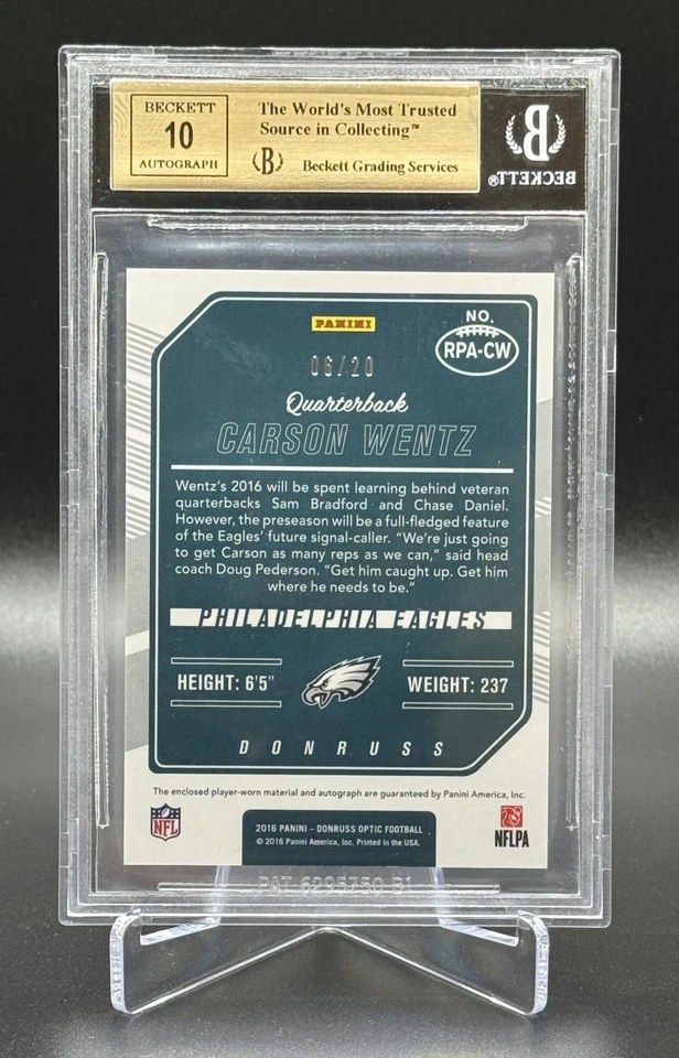 Parche óptico Rookie Carson Goz 2016 usado para jugadores Prizm BGS 9,5 10 automático/20 RPA Foto 2 de 2