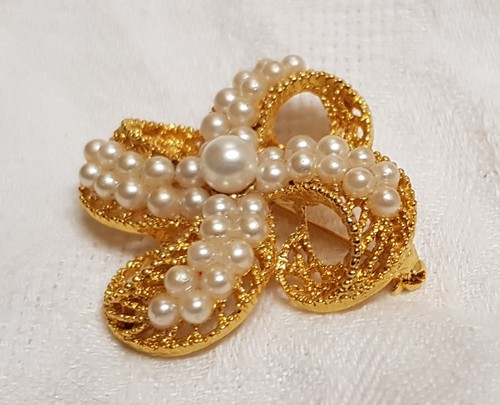 VINTAGE SCHMUCK BROSCHE GEFLOCHTEN signiert LISNER GLASPERLEN METALL GOLDFARBEN A4 - Bild 2 von 3