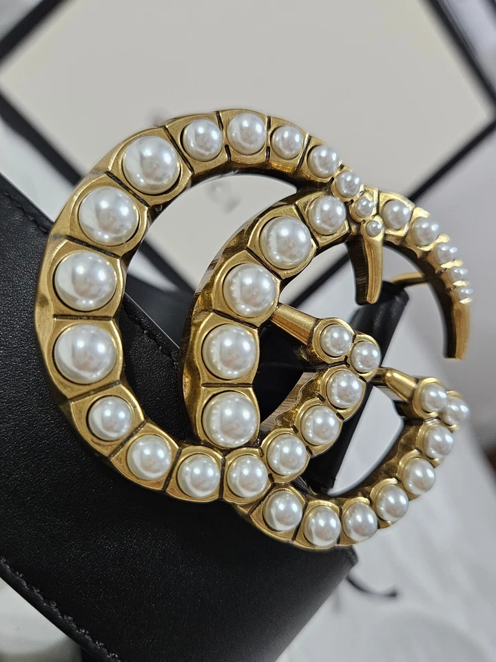 Authentic Gucci Pearl Belt Black Leather Gold GG Size 75cm 22-26 - Image 4 of 4