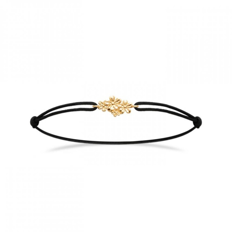 Bracelet cordon noir réglable avec fleurs plaqué or 18 carats 750/000