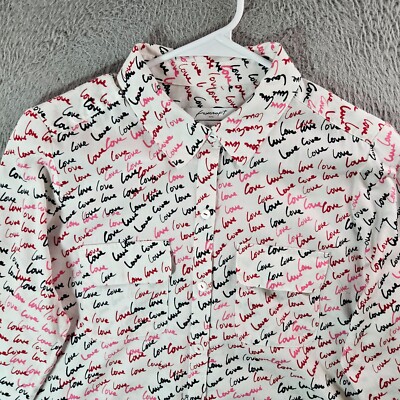 Foxcroft Shirt Women Size 8  LOVE Print Button Up Long Sleeve White