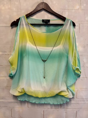 BCX Blouse Womens M Lime Green Yellow Polyester Boat Neck 3/4 Kimono Sleeve
