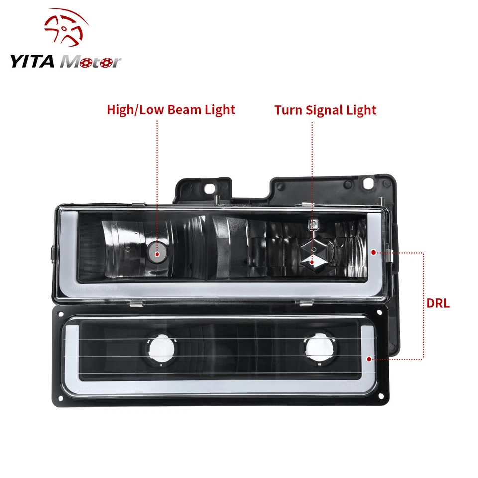 LED DRL Clear Lens Black Headlights Fits For 94-00 Chevy GMC C/K 1500 2500 3500 - Image 3 of 4